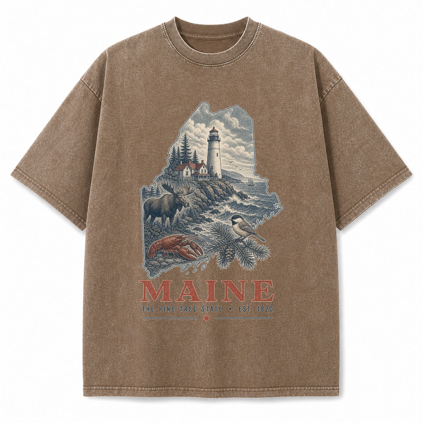 Vintage Washed Maine Lighthouse Graphic Tee in Brown, front view on a white background