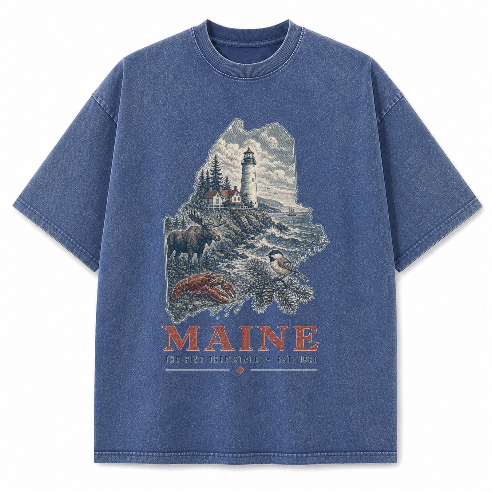 Vintage Washed Maine Lighthouse Graphic Tee in Blue, front view on a white background