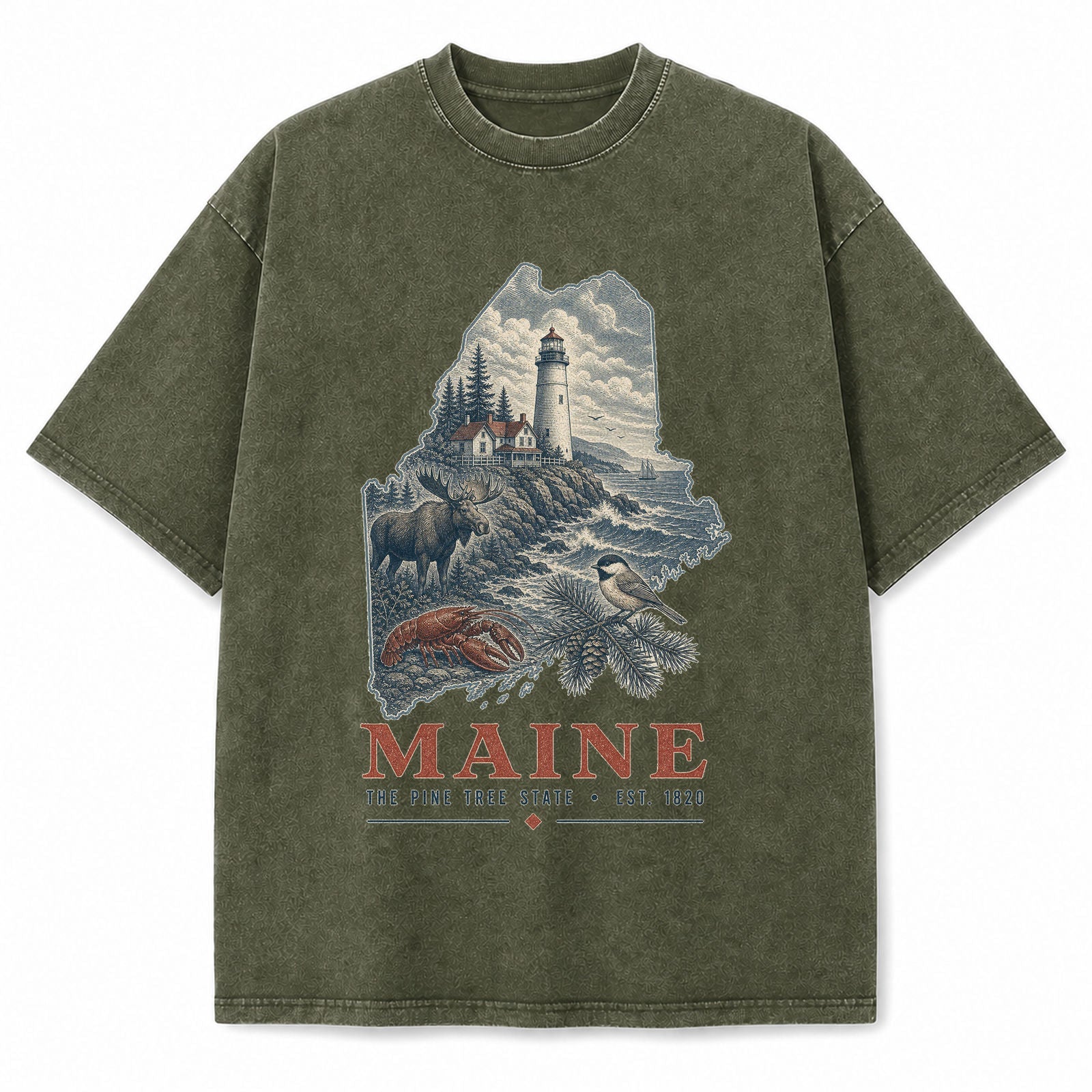 Vintage Washed Maine Lighthouse Graphic Tee in Military Green, front view on a white background