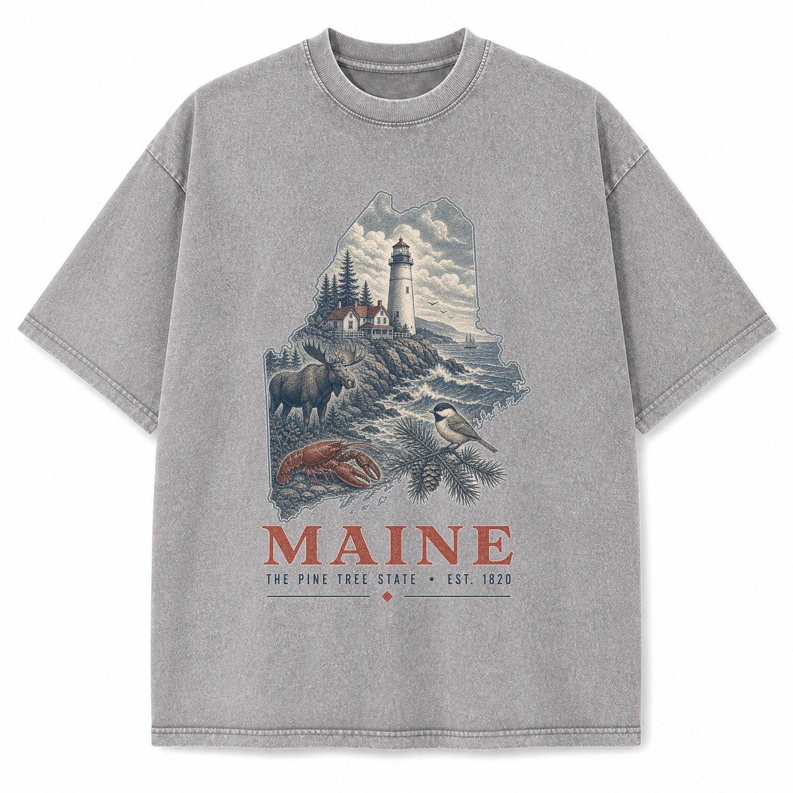 Vintage Washed Maine Lighthouse Graphic Tee in Light Gray, front view on a white background