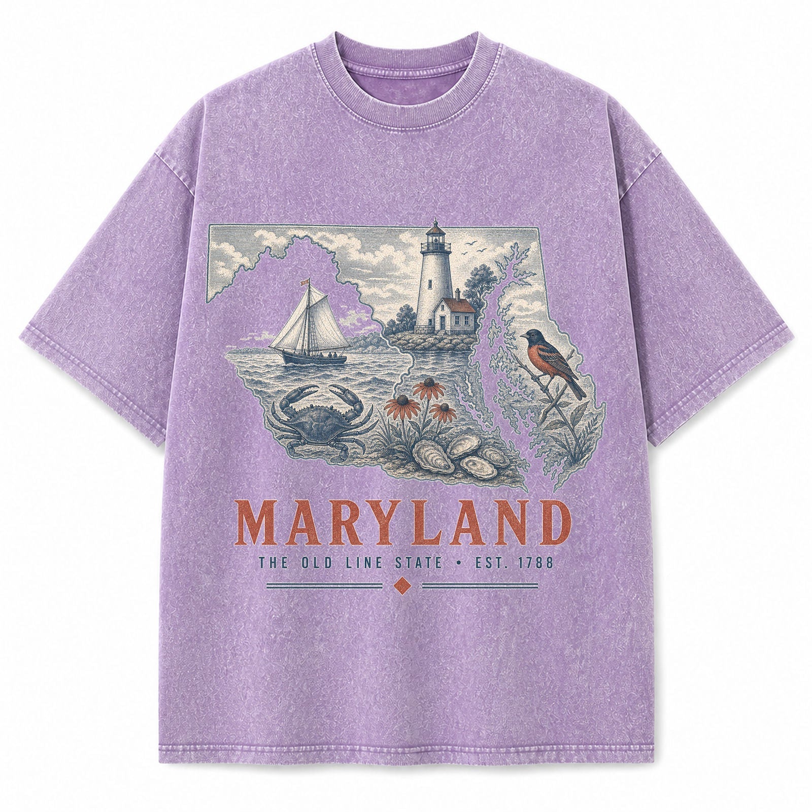 Vintage Washed Maryland Chesapeake Graphic Tee in Purple, front view on a white background