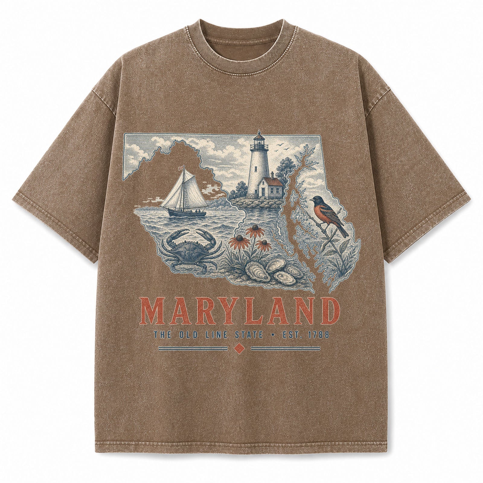 Vintage Washed Maryland Chesapeake Graphic Tee in Brown, front view on a white background
