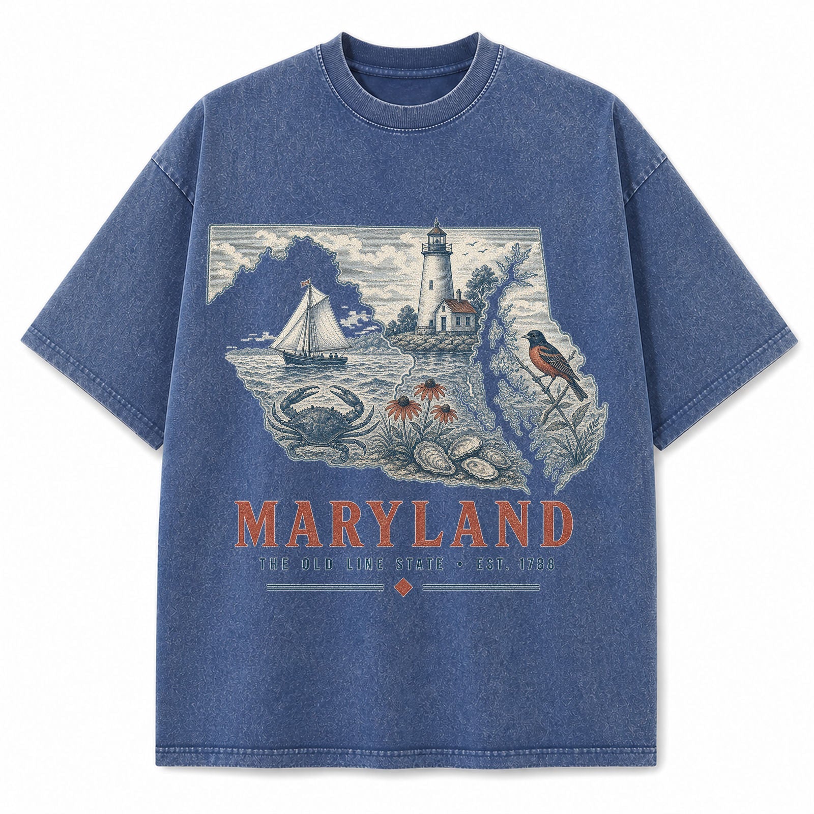Vintage Washed Maryland Chesapeake Graphic Tee in Blue, front view on a white background