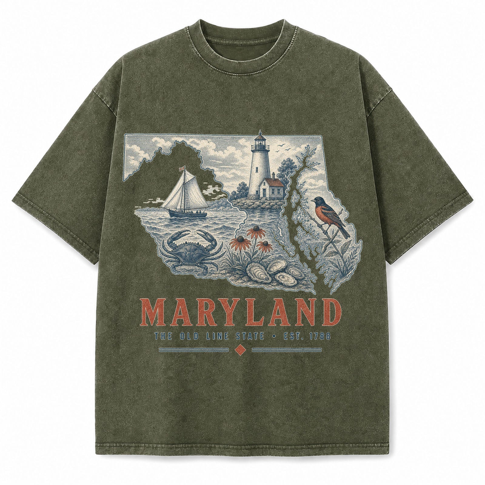 Vintage Washed Maryland Chesapeake Graphic Tee in Military Green, front view on a white background