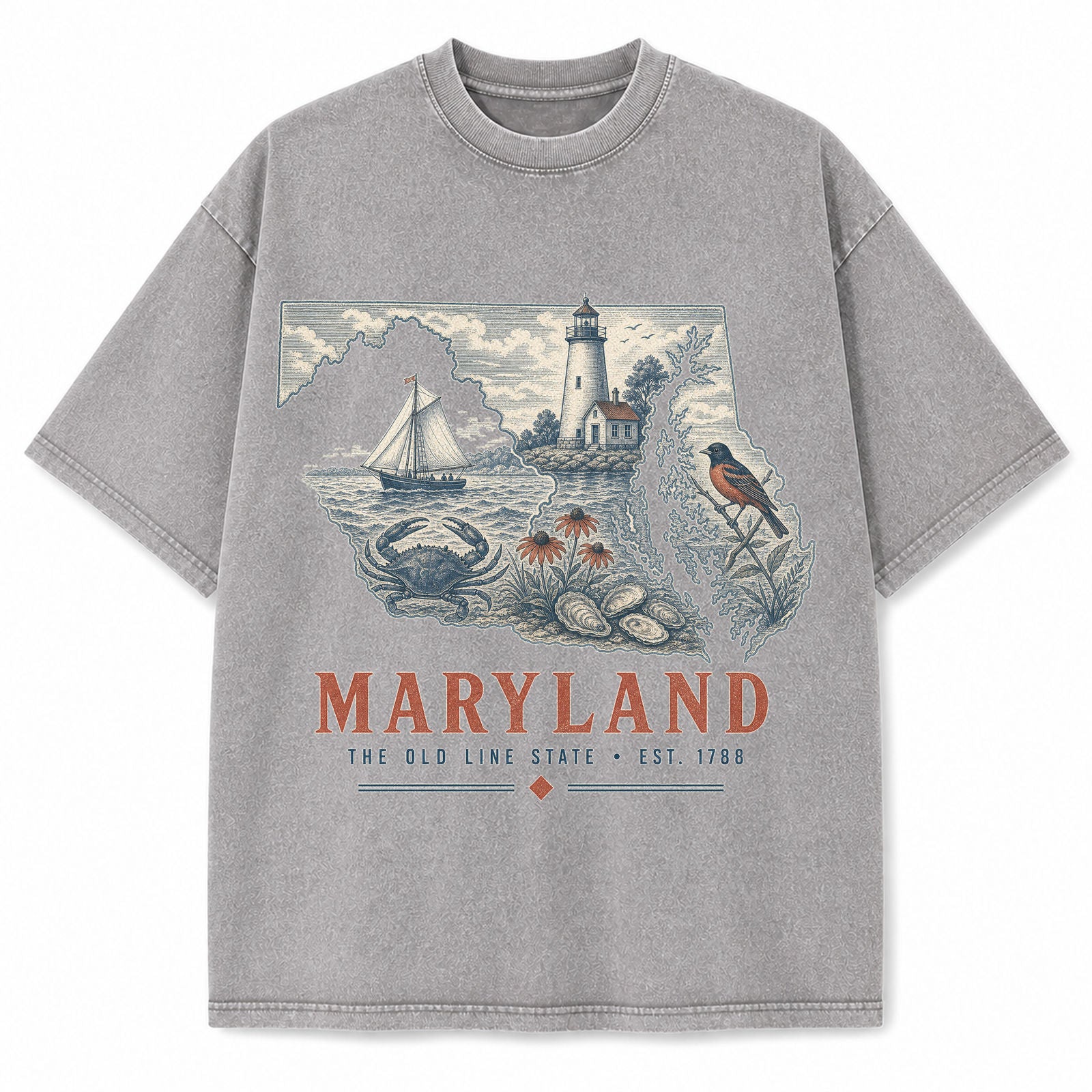 Vintage Washed Maryland Chesapeake Graphic Tee in Light Gray, front view on a white background