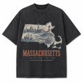 Vintage Washed Massachusetts Coastal Graphic Tee in Black, front view on a white background