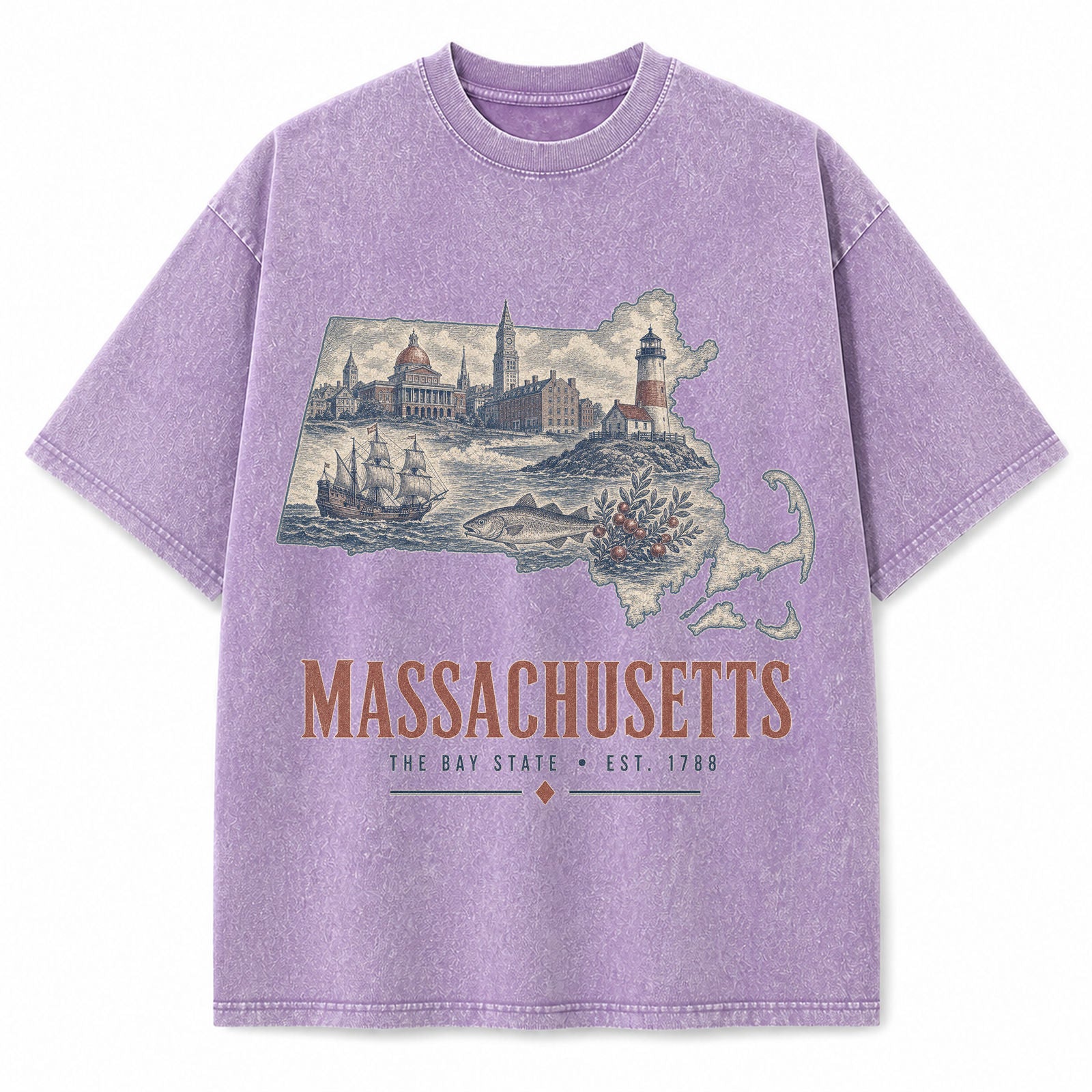 Vintage Washed Massachusetts Coastal Graphic Tee in Purple, front view on a white background