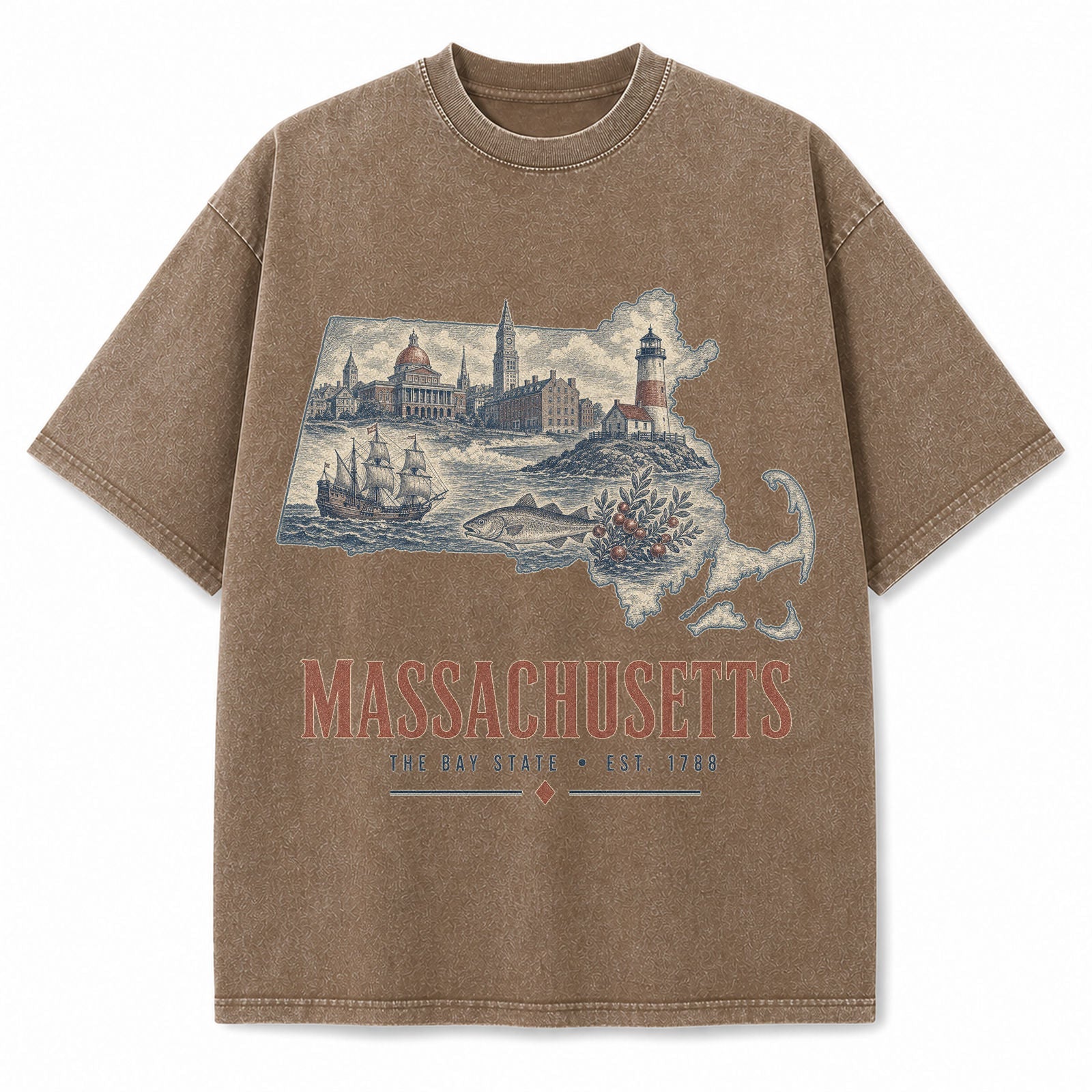 Vintage Washed Massachusetts Coastal Graphic Tee in Brown, front view on a white background