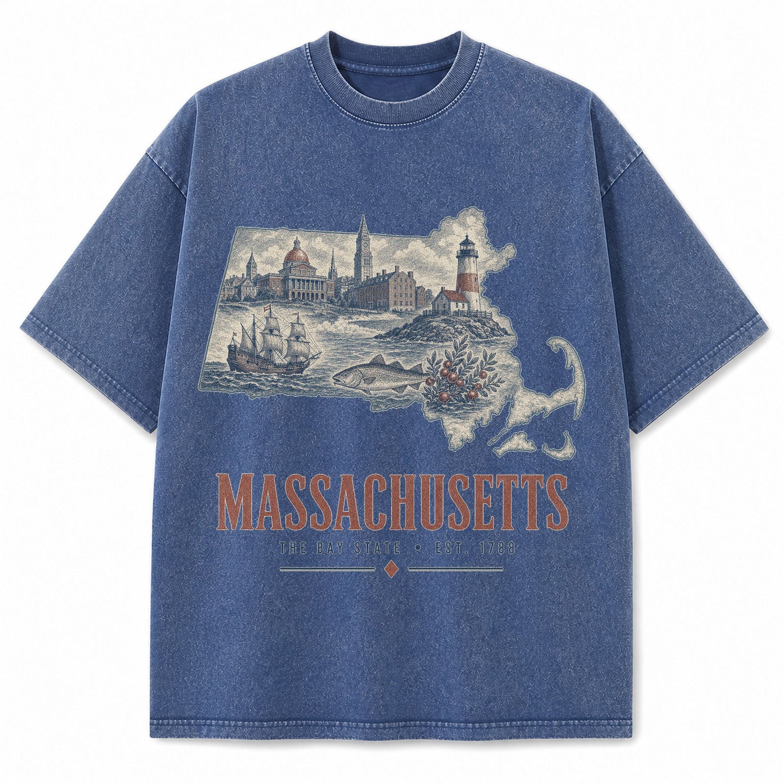 Vintage Washed Massachusetts Coastal Graphic Tee in Blue, front view on a white background