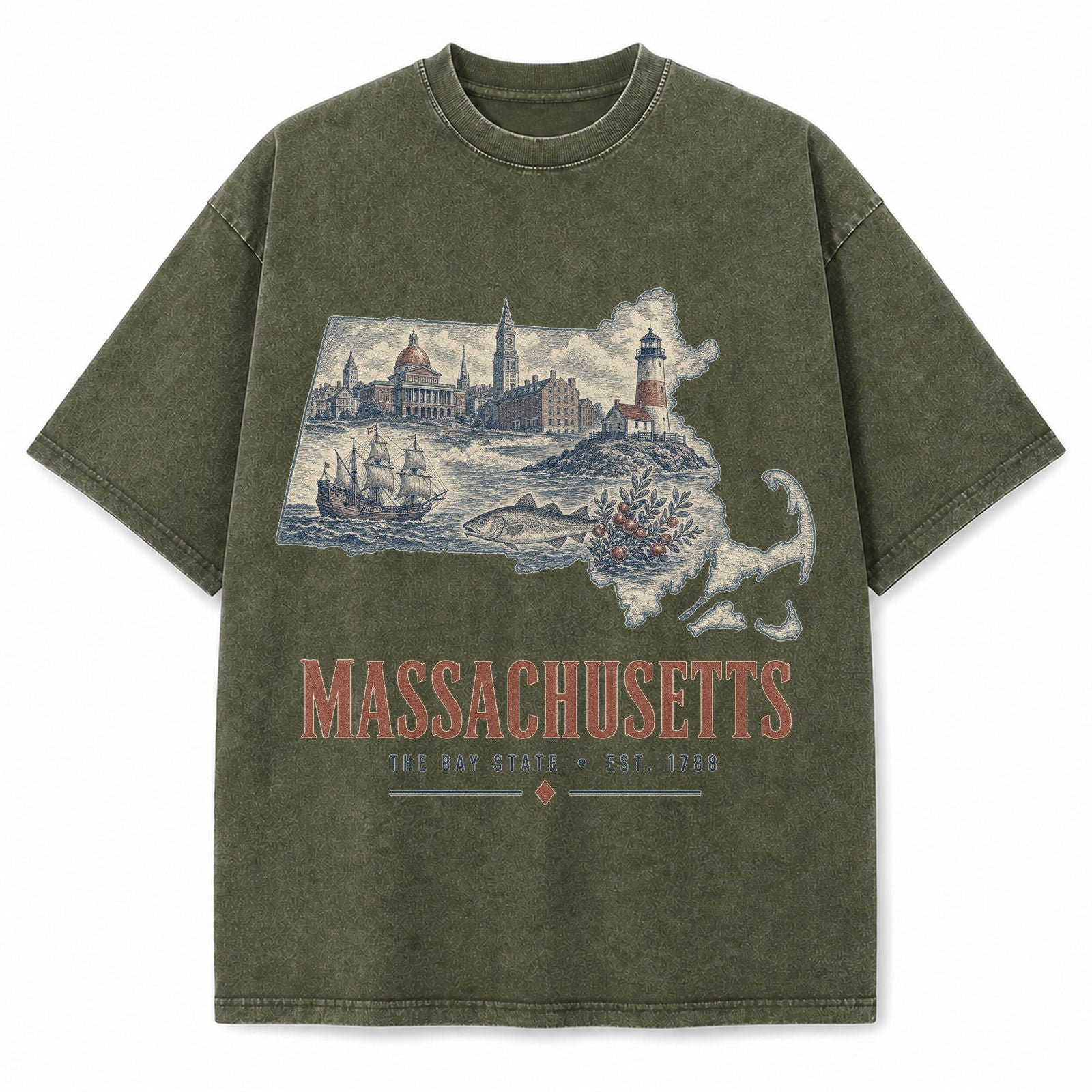 Vintage Washed Massachusetts Coastal Graphic Tee in Military Green, front view on a white background