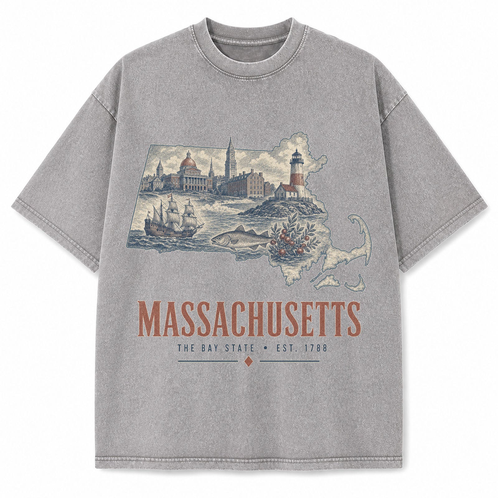 Vintage Washed Massachusetts Coastal Graphic Tee in Light Gray, front view on a white background
