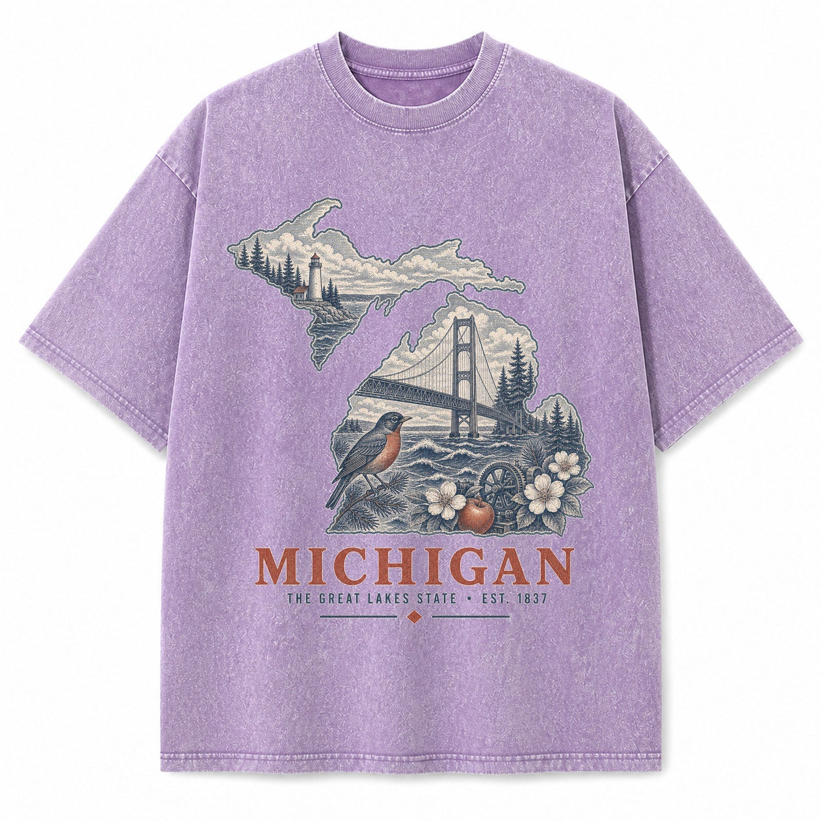 Vintage Washed Michigan Great Lakes Graphic Tee in Purple, front view on a white background
