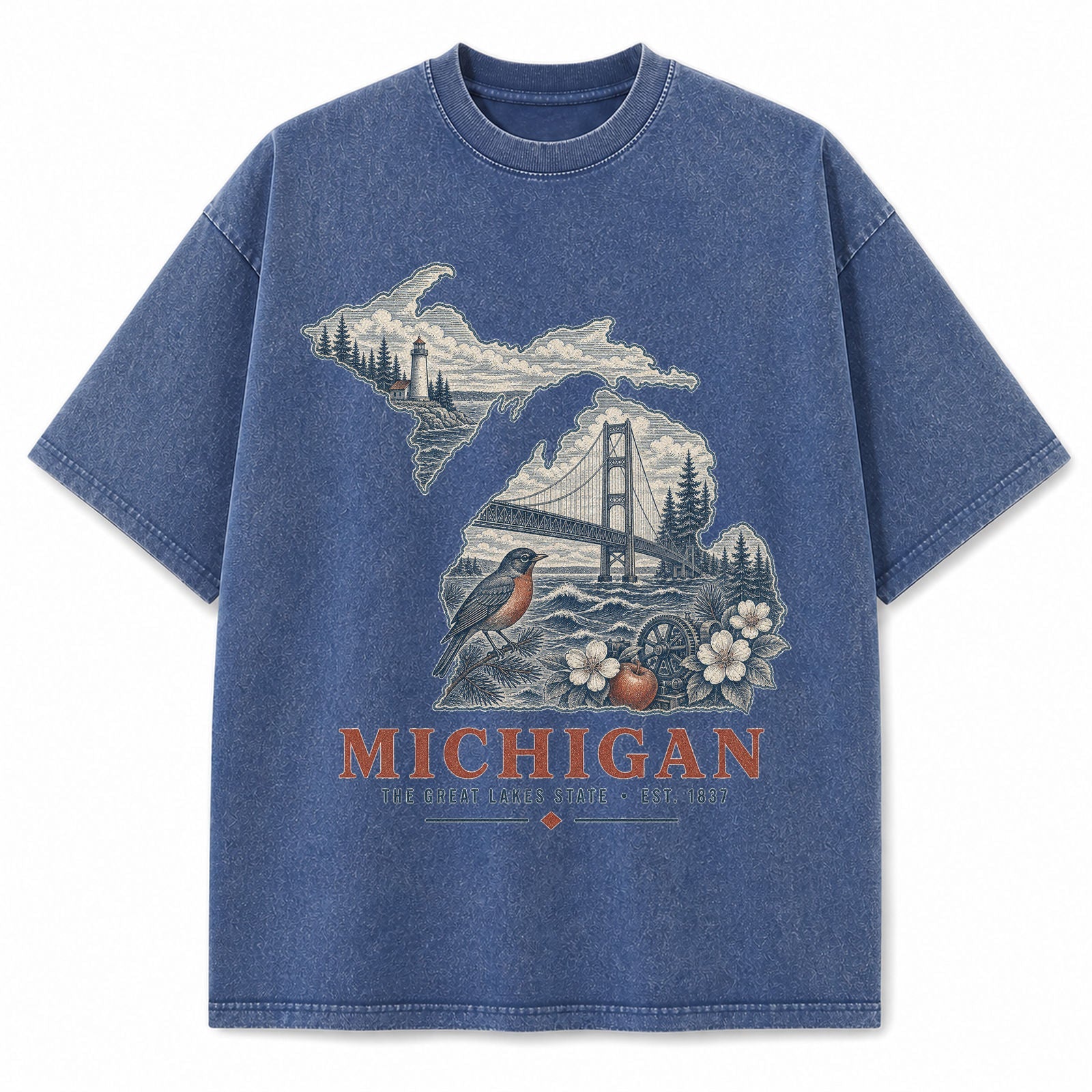 Vintage Washed Michigan Great Lakes Graphic Tee in Blue, front view on a white background