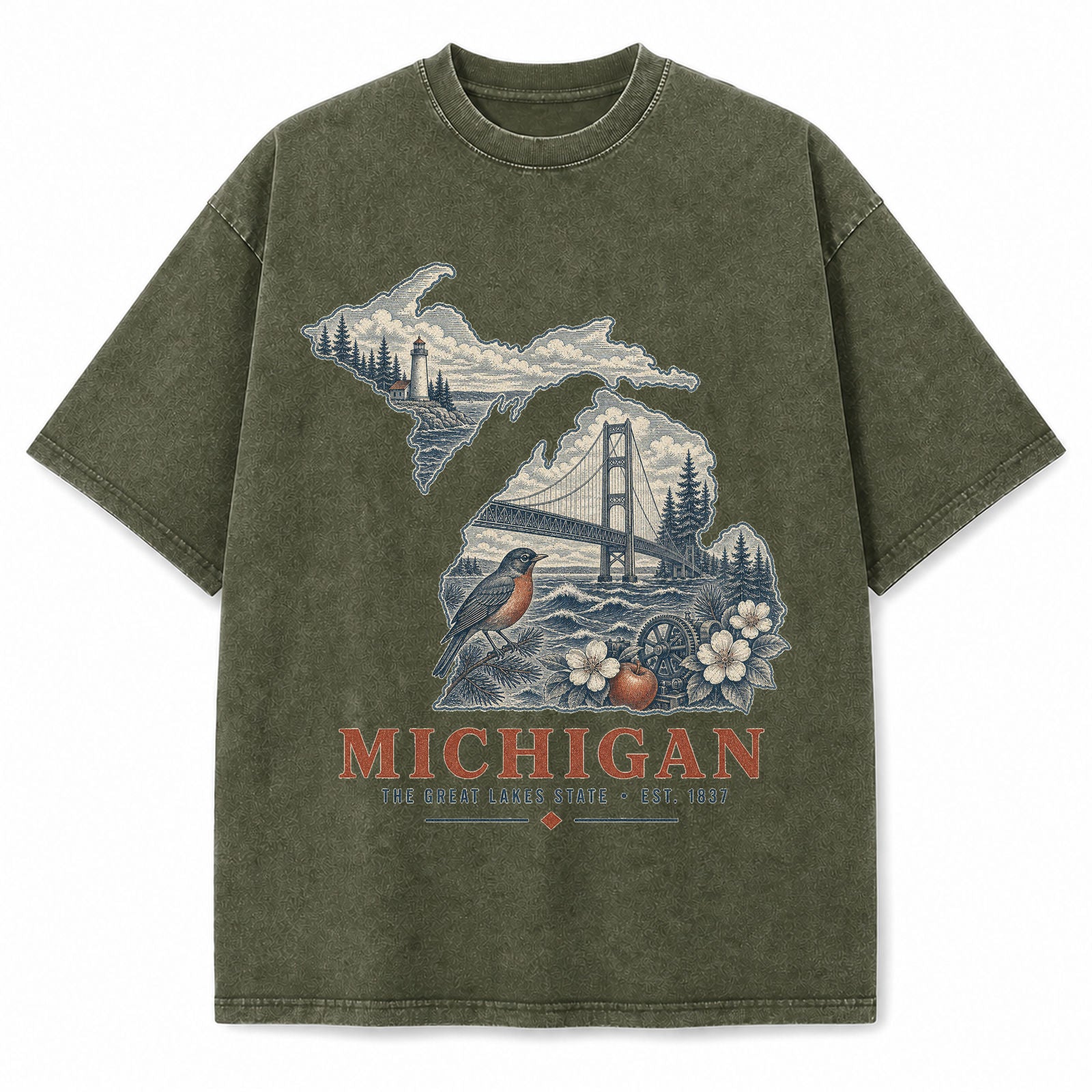 Vintage Washed Michigan Great Lakes Graphic Tee in Military Green, front view on a white background
