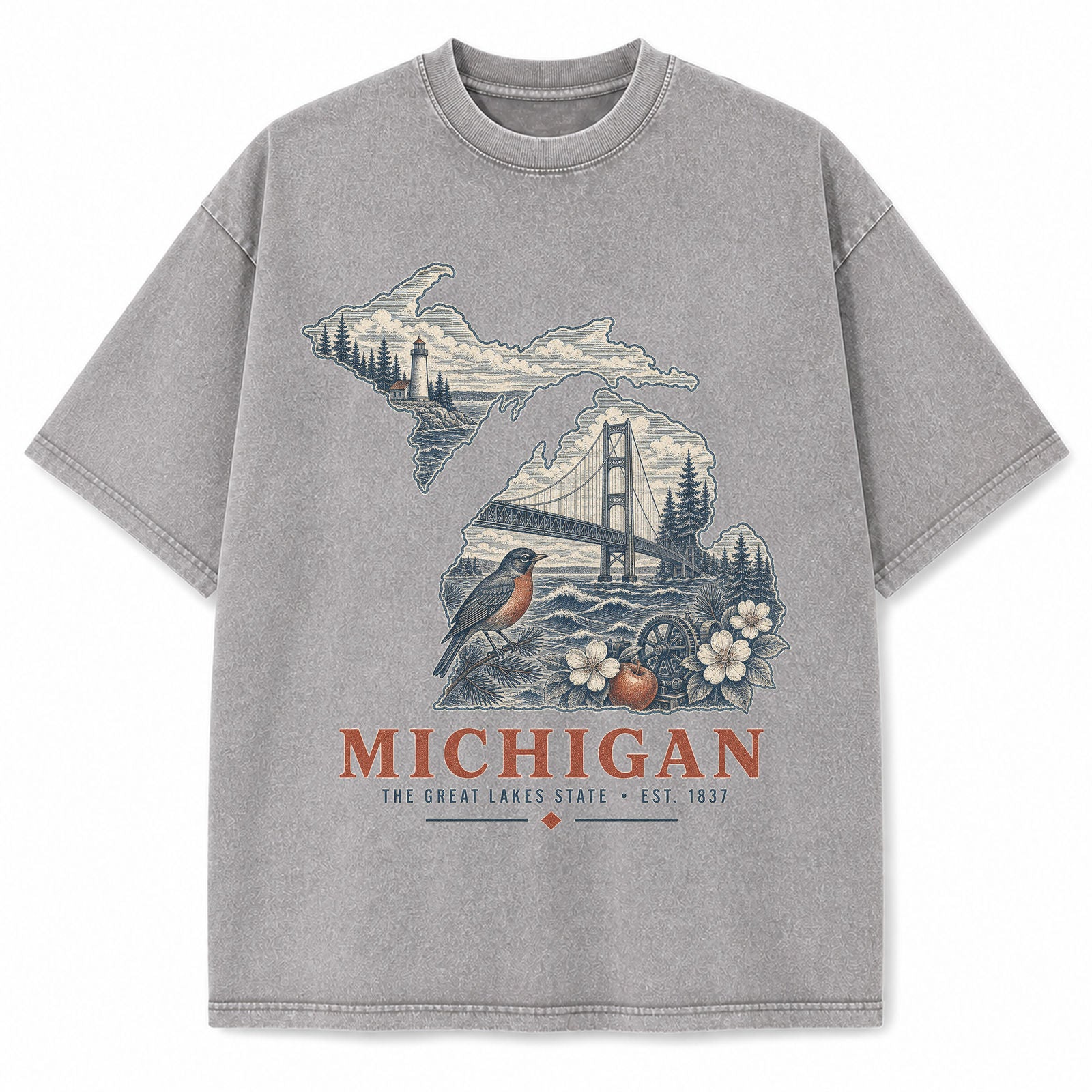 Vintage Washed Michigan Great Lakes Graphic Tee in Light Gray, front view on a white background