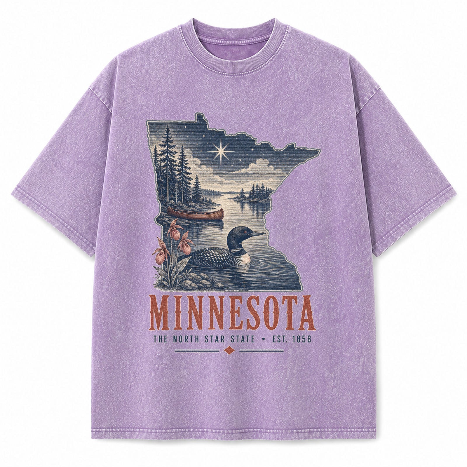 Vintage Washed Minnesota Loon Graphic Tee in Purple, front view on a white background