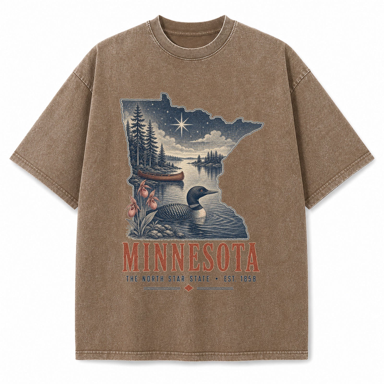 Vintage Washed Minnesota Loon Graphic Tee in Brown, front view on a white background