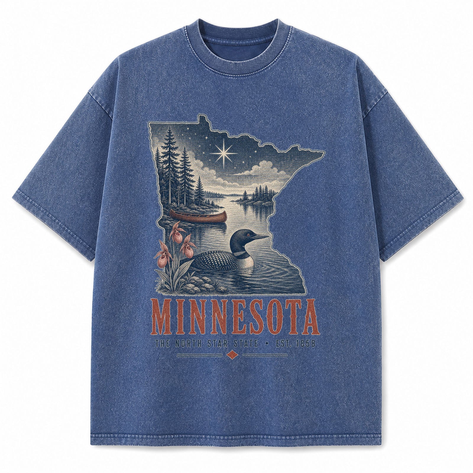 Vintage Washed Minnesota Loon Graphic Tee in Blue, front view on a white background