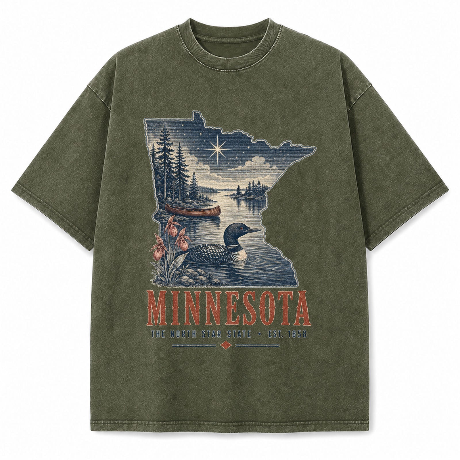 Vintage Washed Minnesota Loon Graphic Tee in Military Green, front view on a white background
