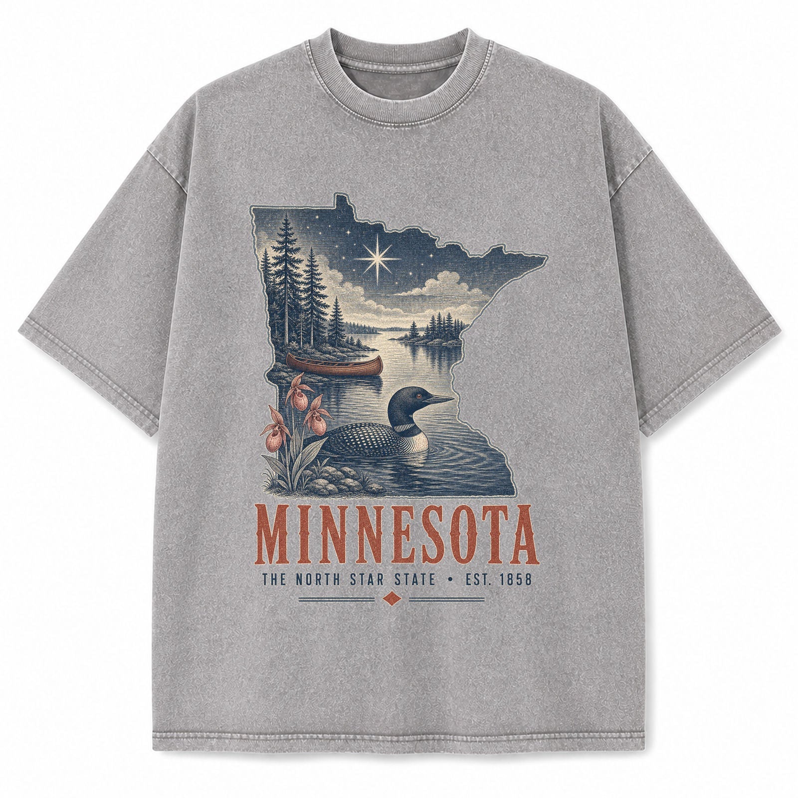 Vintage Washed Minnesota Loon Graphic Tee in Light Gray, front view on a white background