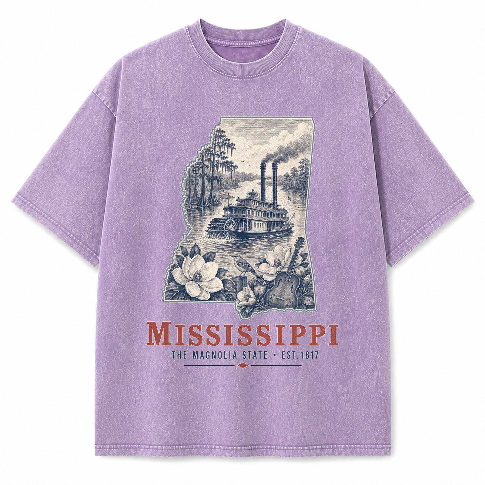 Vintage Washed Mississippi Riverboat Graphic Tee in Purple, front view on a white background