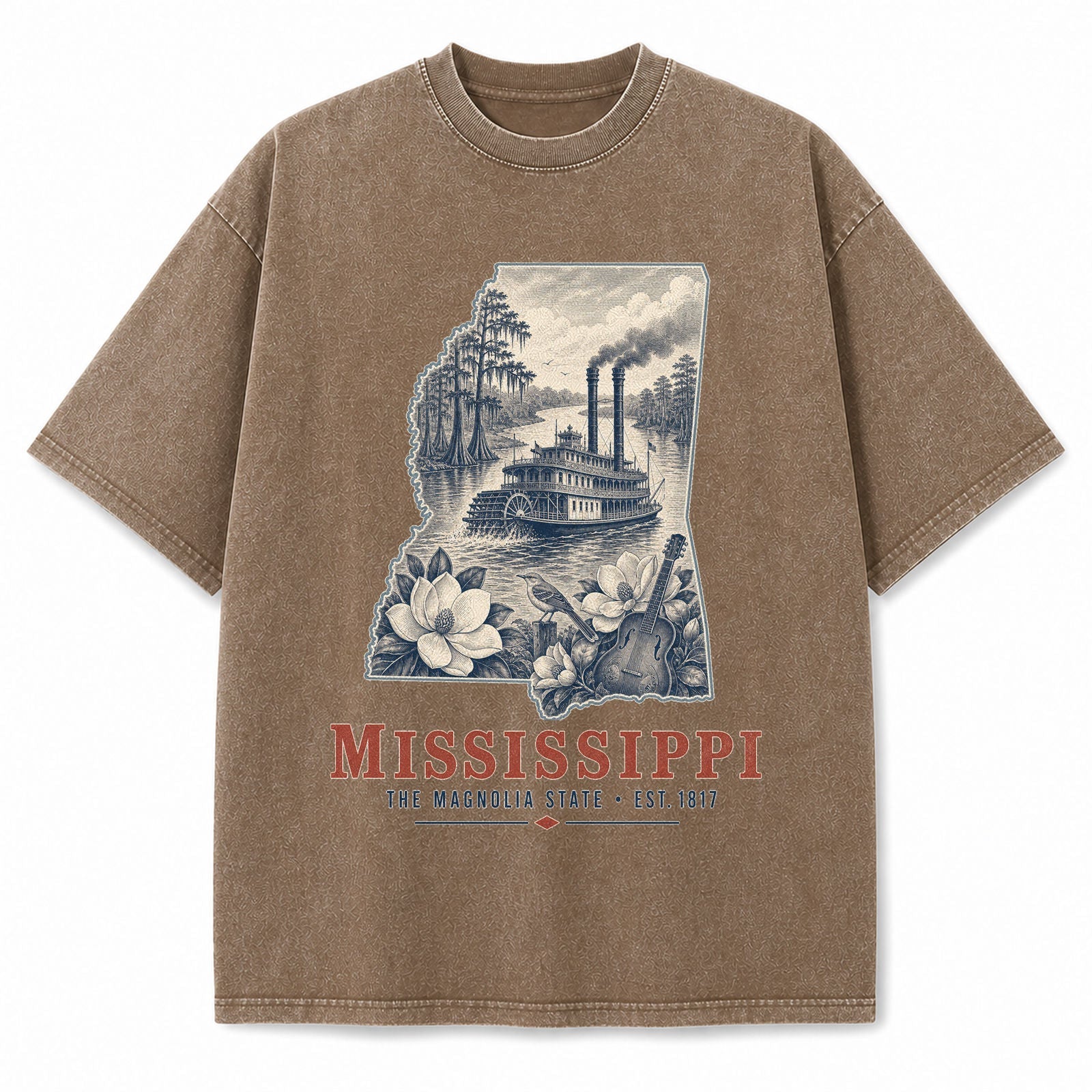 Vintage Washed Mississippi Riverboat Graphic Tee in Brown, front view on a white background