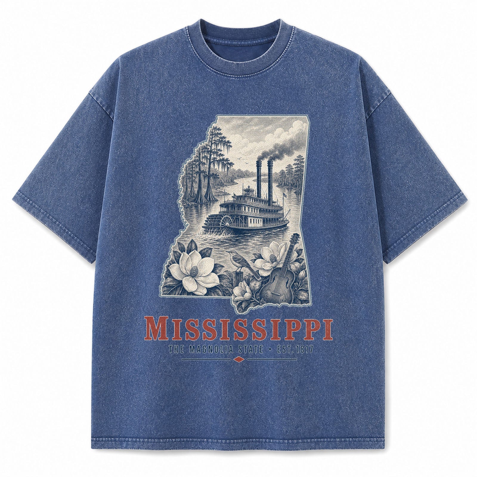 Vintage Washed Mississippi Riverboat Graphic Tee in Blue, front view on a white background