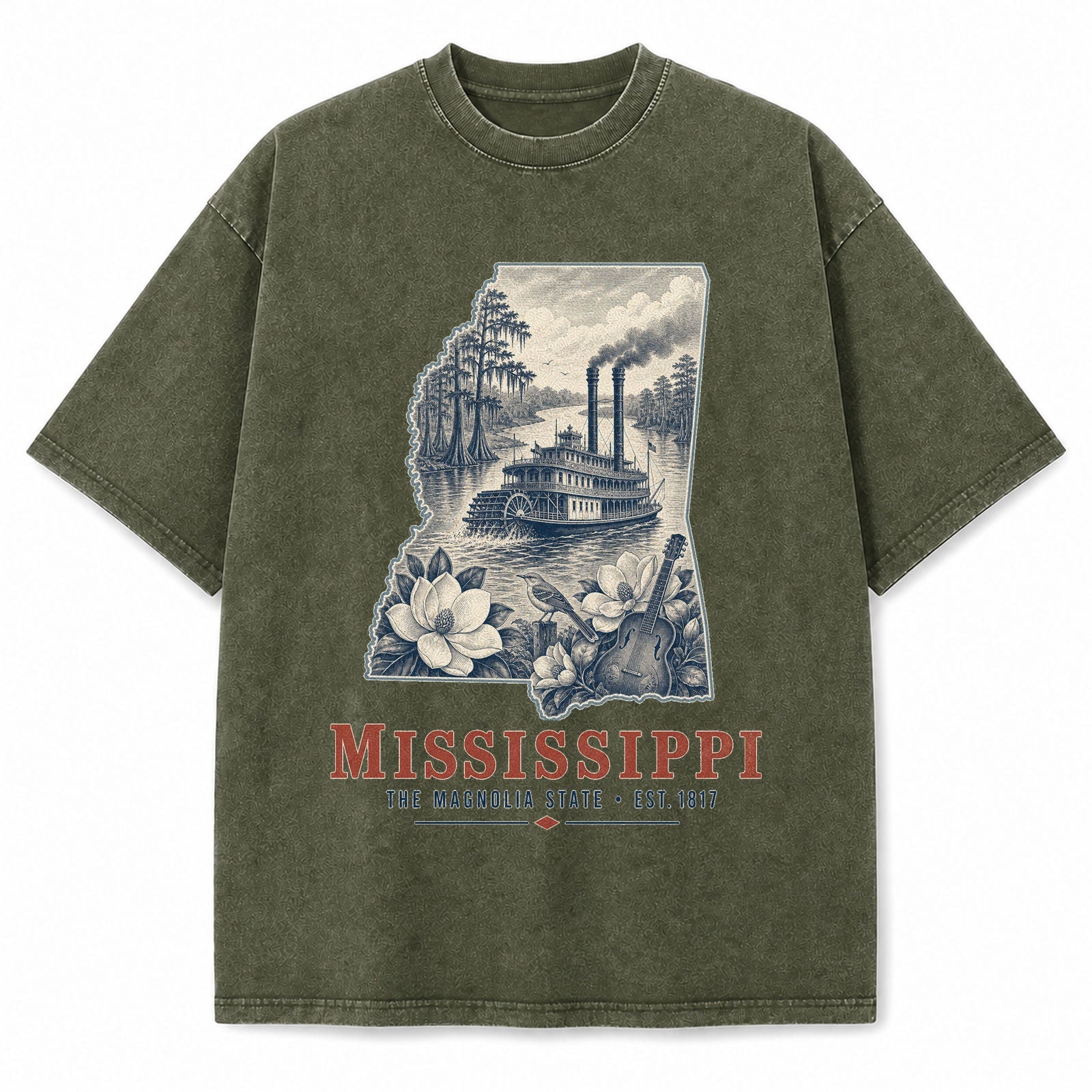 Vintage Washed Mississippi Riverboat Graphic Tee in Military Green, front view on a white background