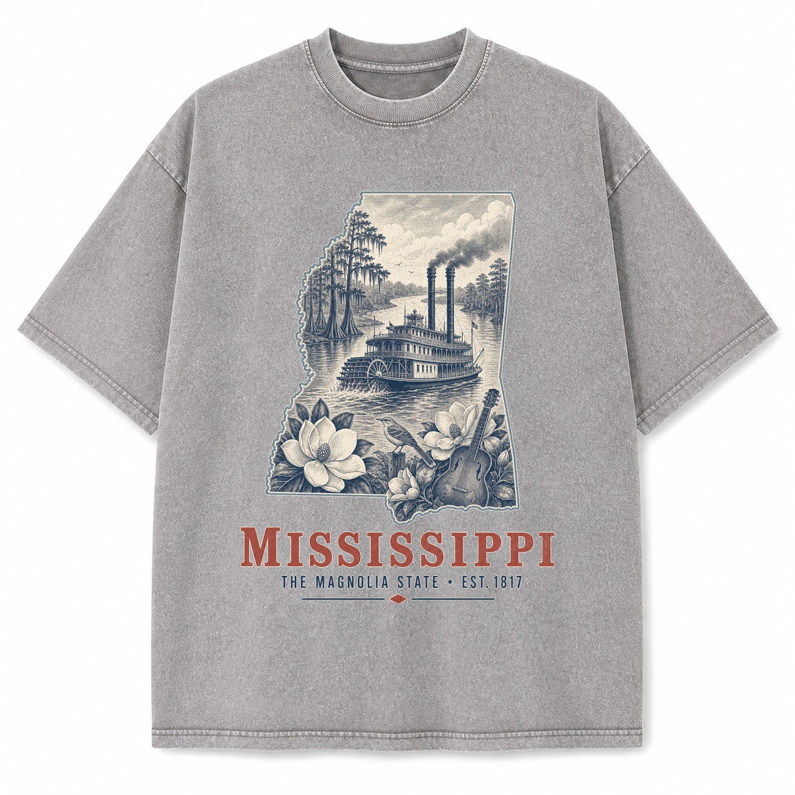 Vintage Washed Mississippi Riverboat Graphic Tee in Light Gray, front view on a white background