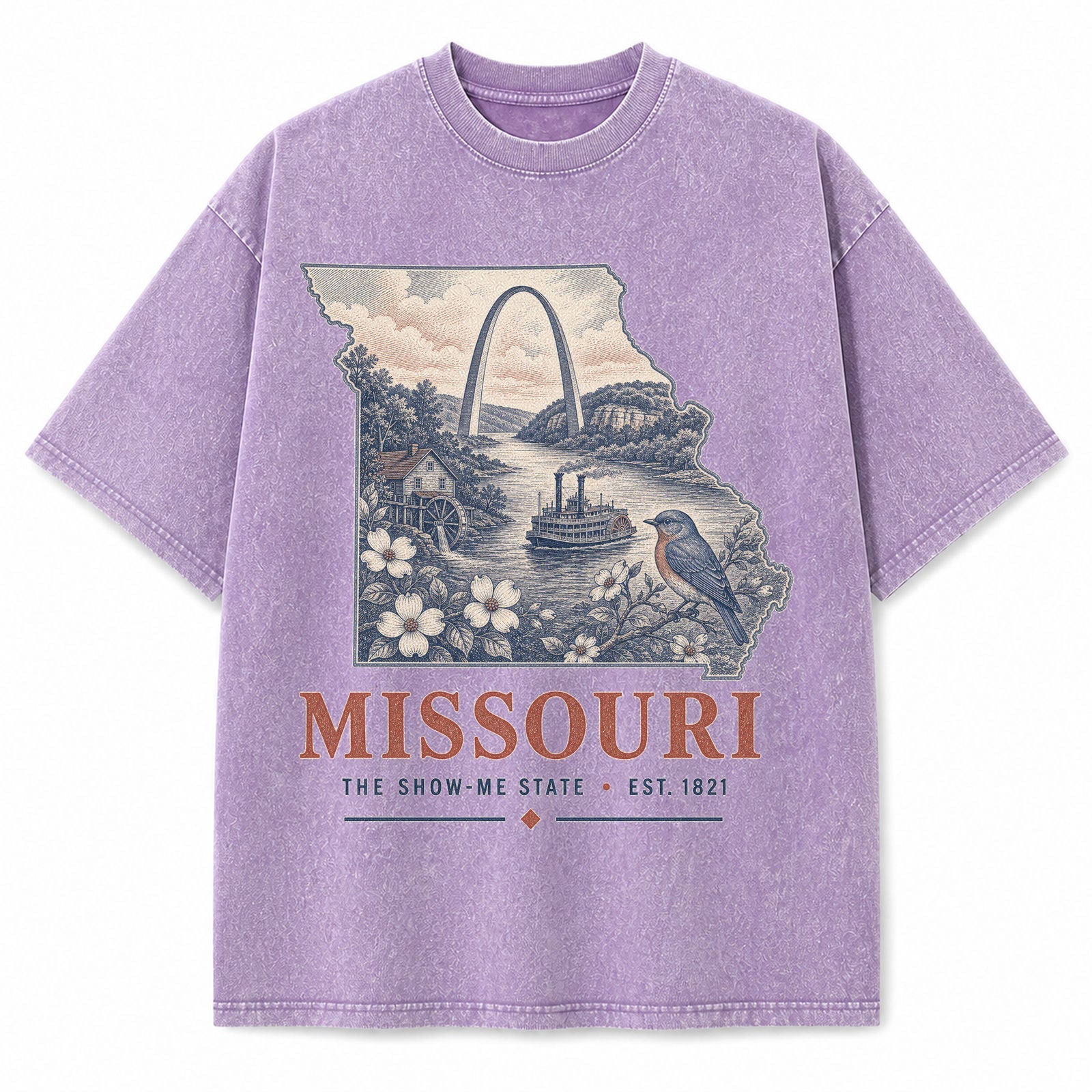 Vintage Washed Missouri Gateway Arch Graphic Tee in Purple, front view on a white background