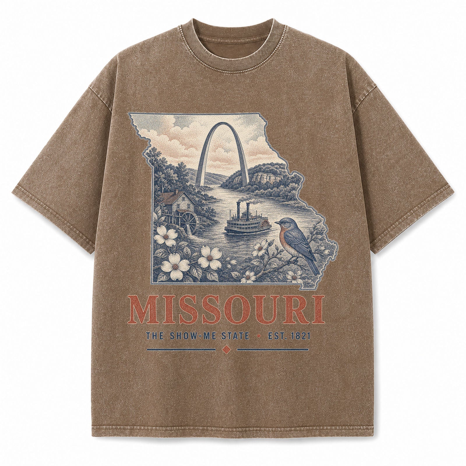 Vintage Washed Missouri Gateway Arch Graphic Tee in Brown, front view on a white background