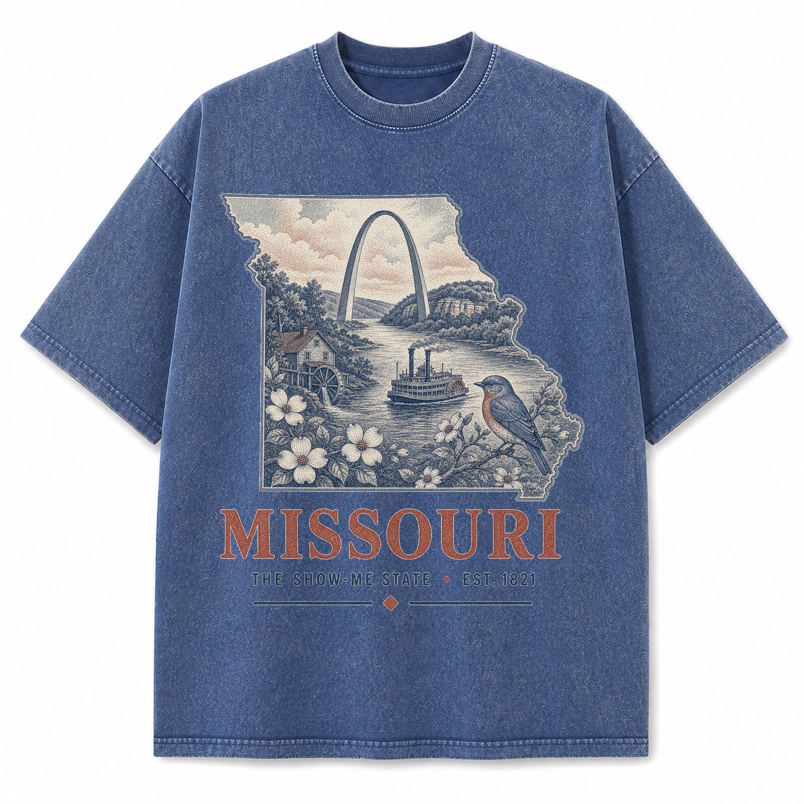 Vintage Washed Missouri Gateway Arch Graphic Tee in Blue, front view on a white background