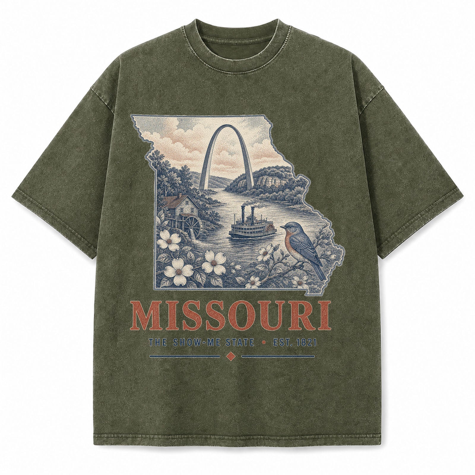 Vintage Washed Missouri Gateway Arch Graphic Tee in Military Green, front view on a white background