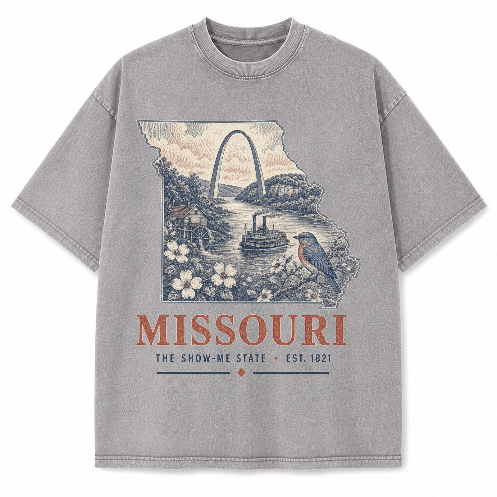 Vintage Washed Missouri Gateway Arch Graphic Tee in Light Gray, front view on a white background