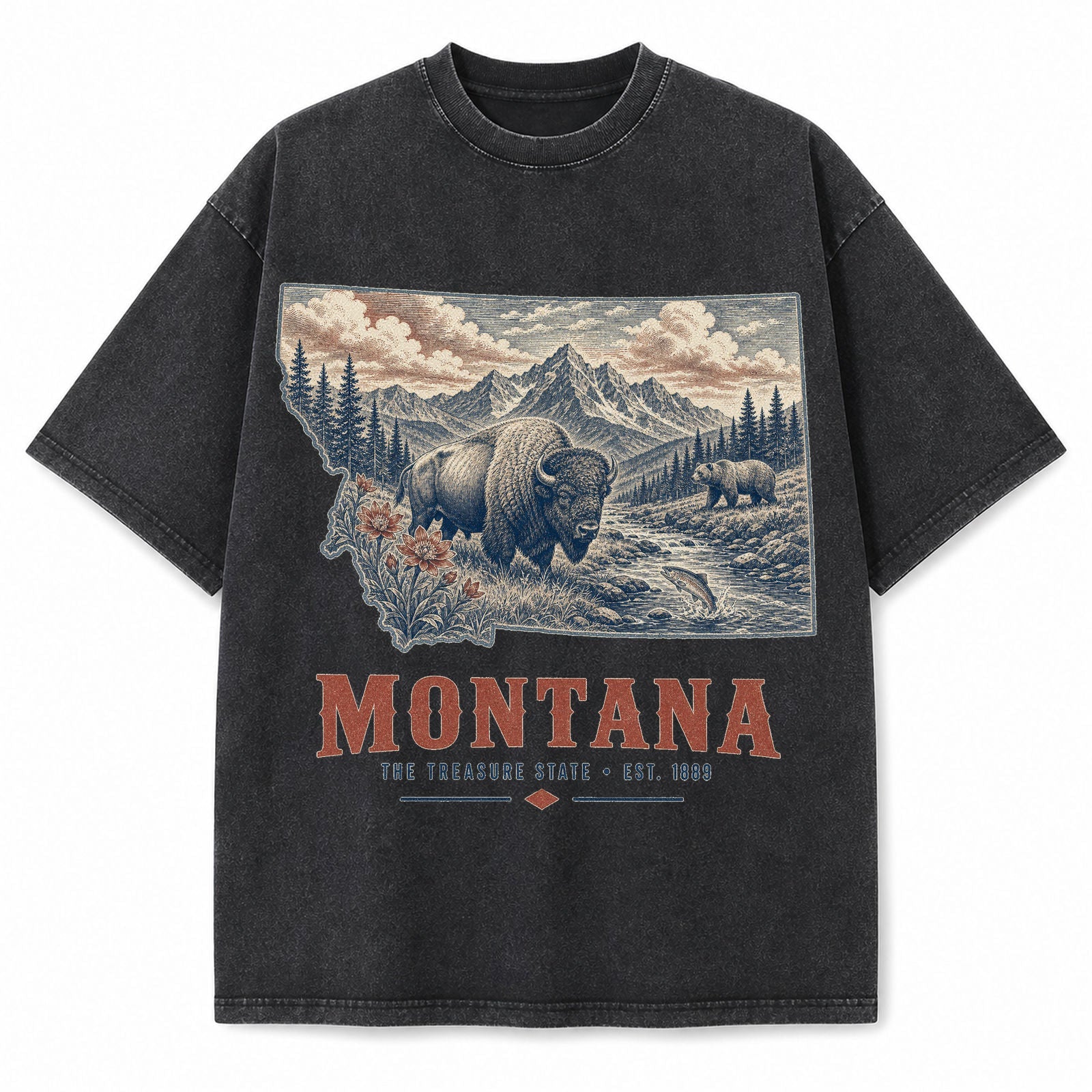 Vintage Washed Montana Grizzly Graphic Tee in Black, front view on a white background