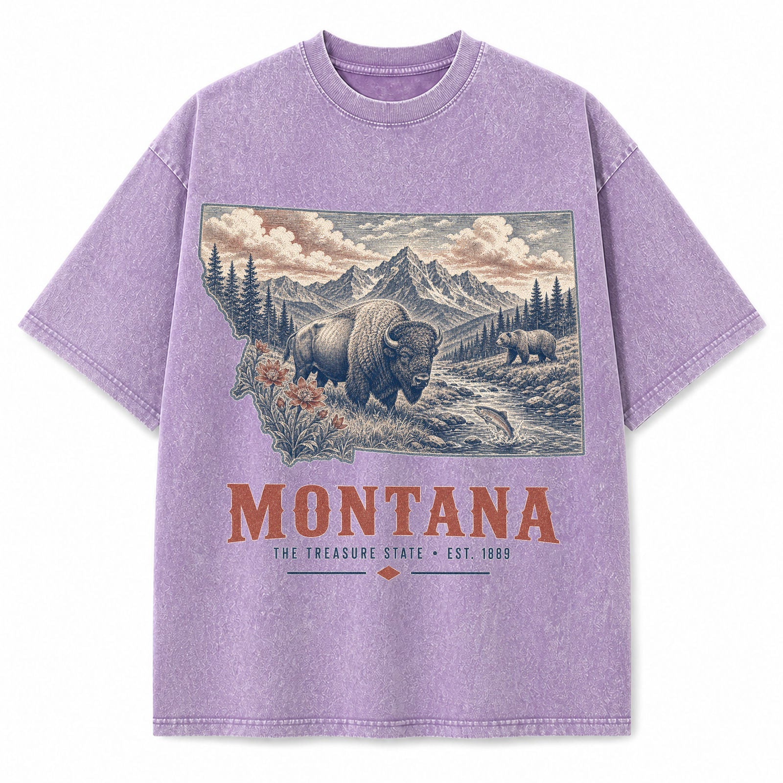 Vintage Washed Montana Grizzly Graphic Tee in Purple, front view on a white background