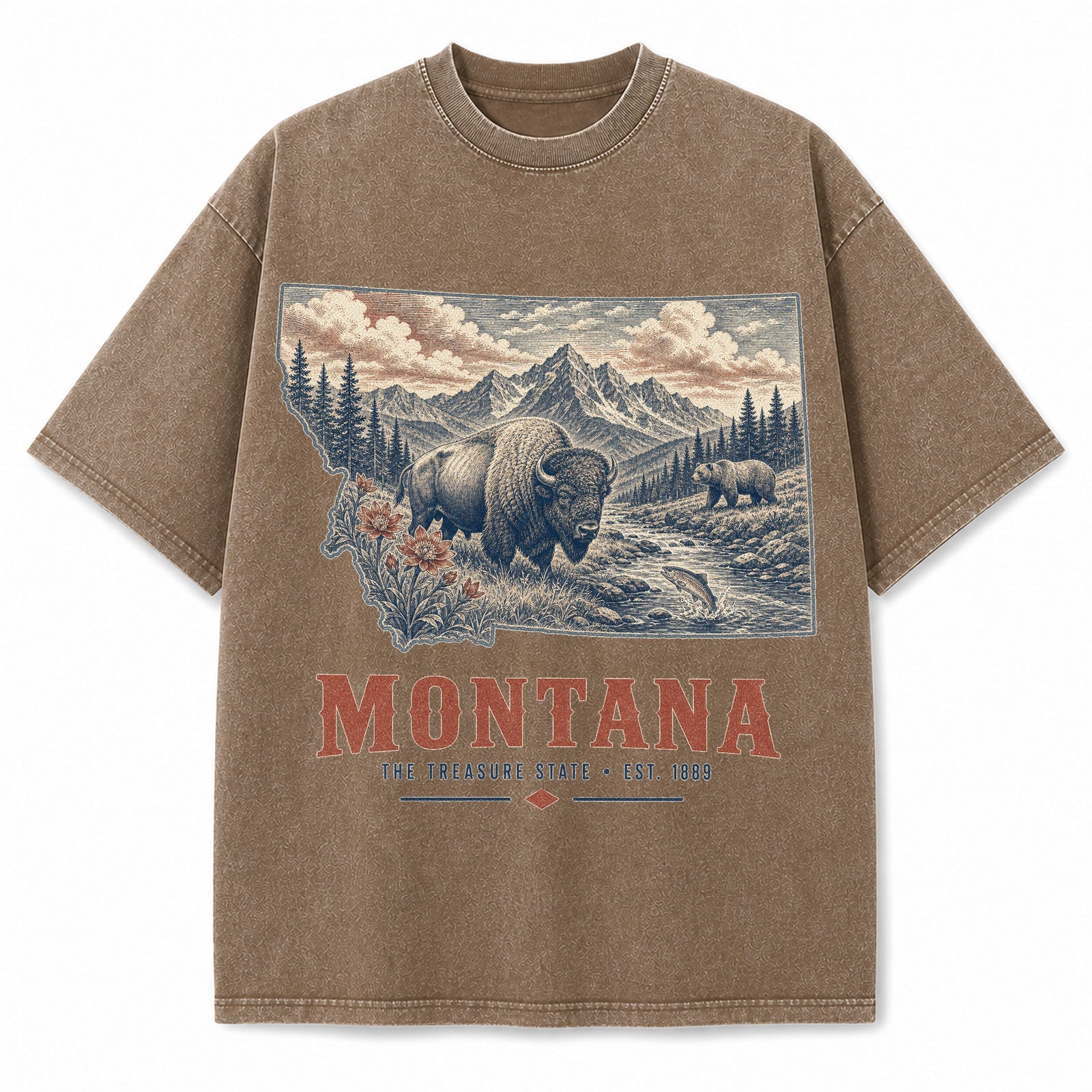 Vintage Washed Montana Grizzly Graphic Tee in Brown, front view on a white background