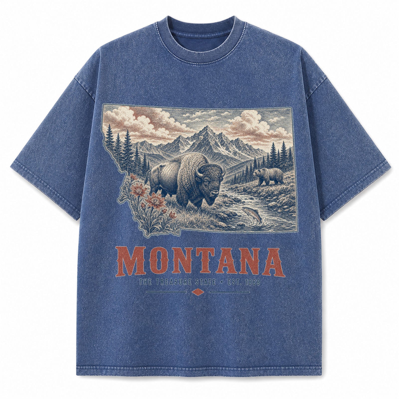 Vintage Washed Montana Grizzly Graphic Tee in Blue, front view on a white background