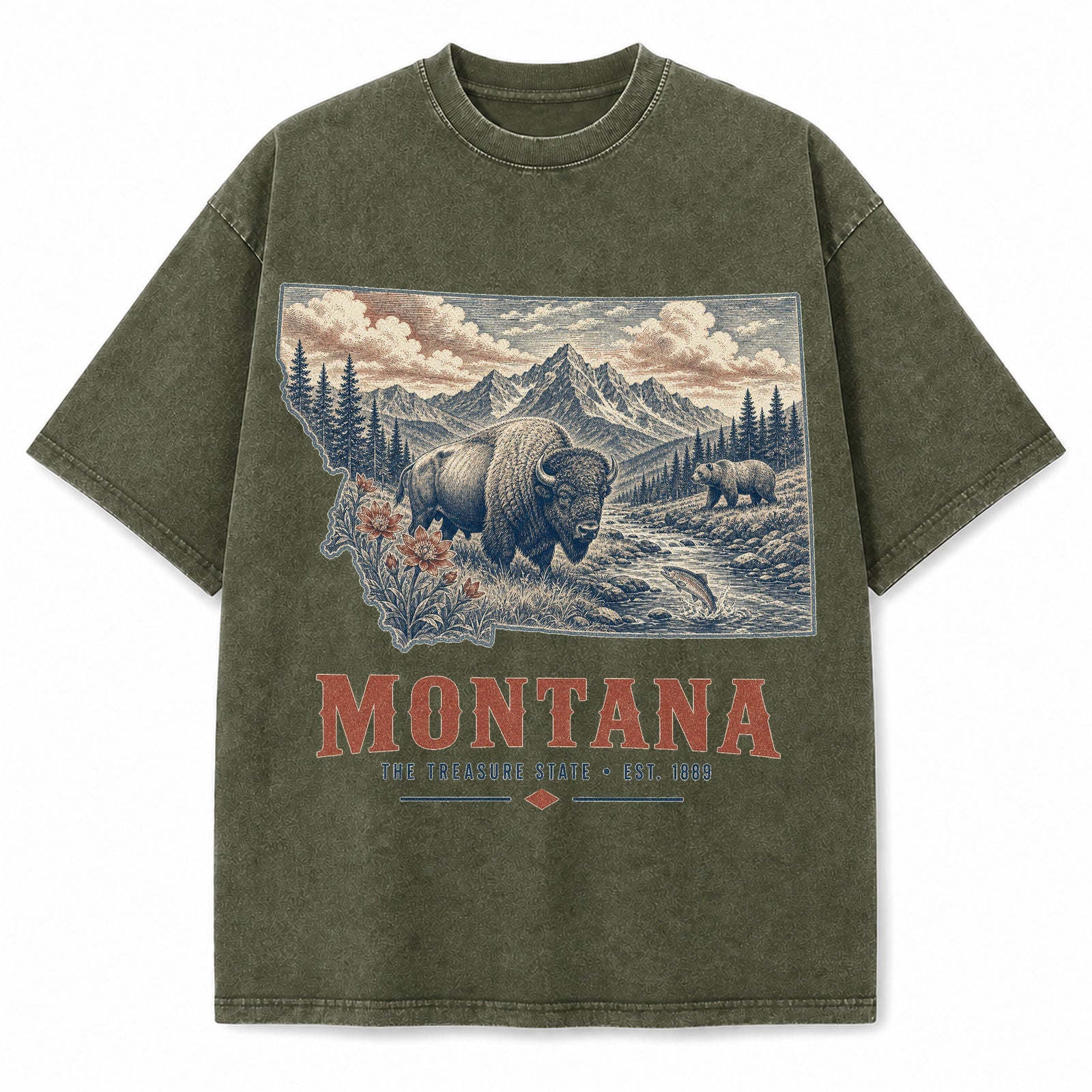 Vintage Washed Montana Grizzly Graphic Tee in Military Green, front view on a white background