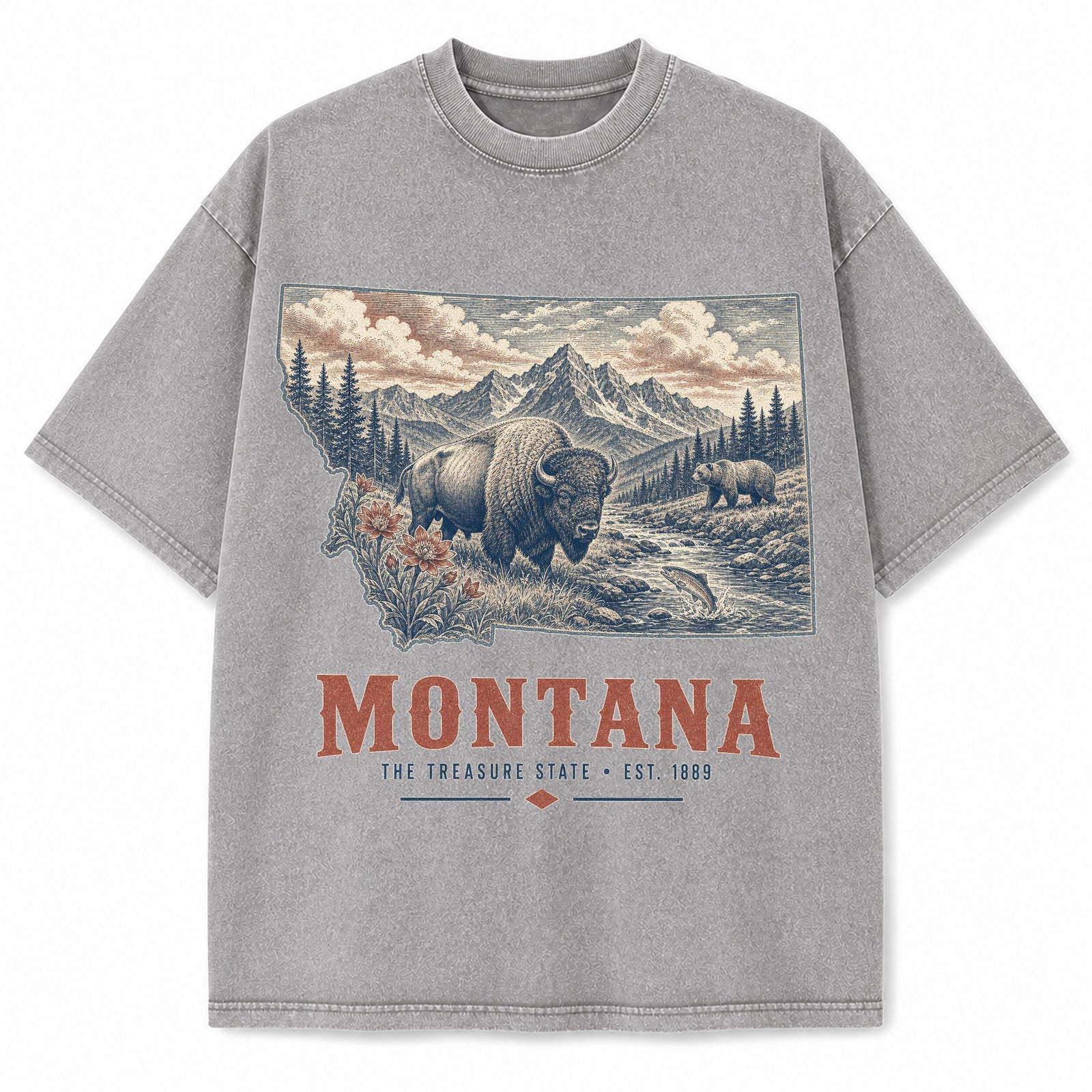 Vintage Washed Montana Grizzly Graphic Tee in Light Gray, front view on a white background
