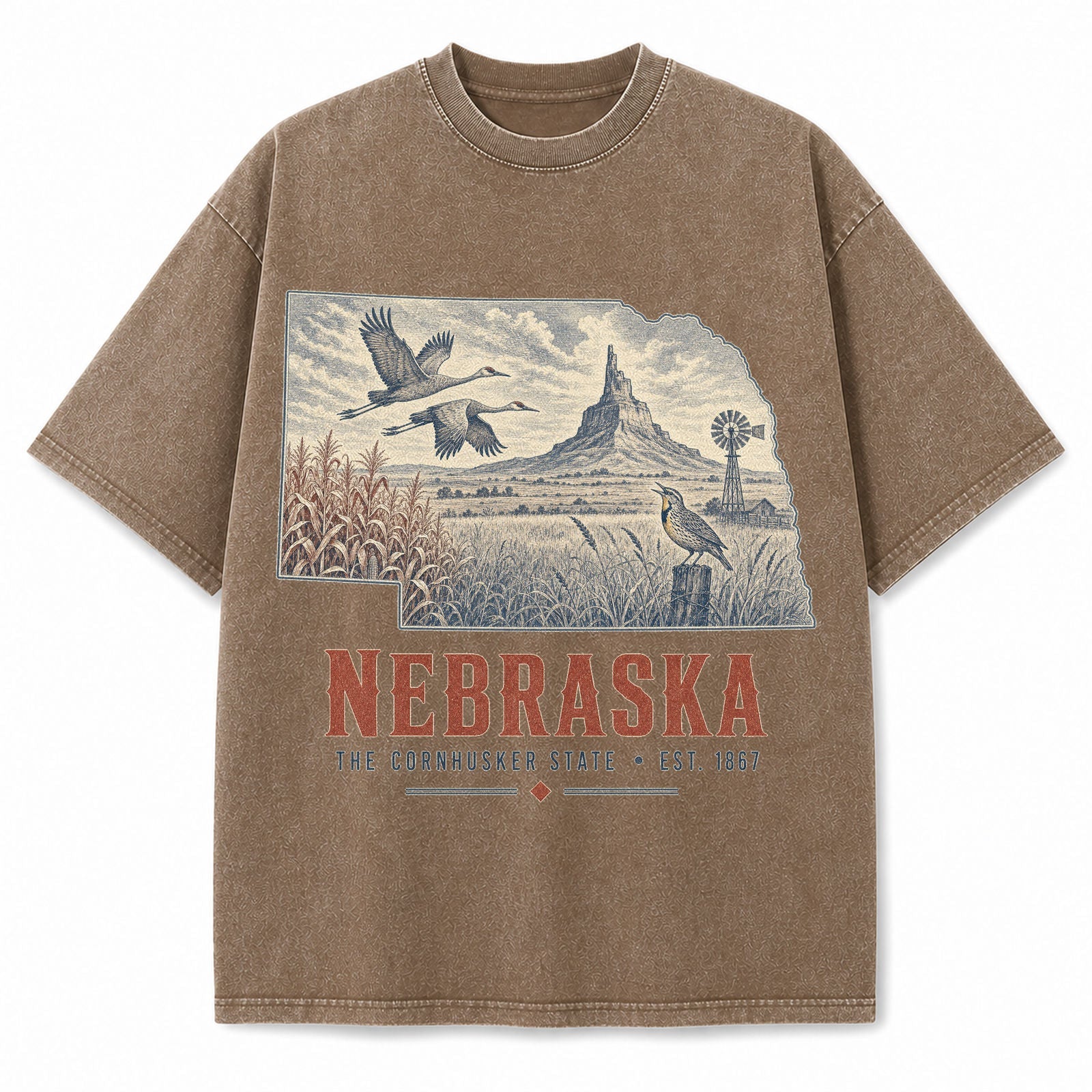 Vintage Washed Nebraska Sandhill Crane Graphic Tee in Brown, front view on a white background