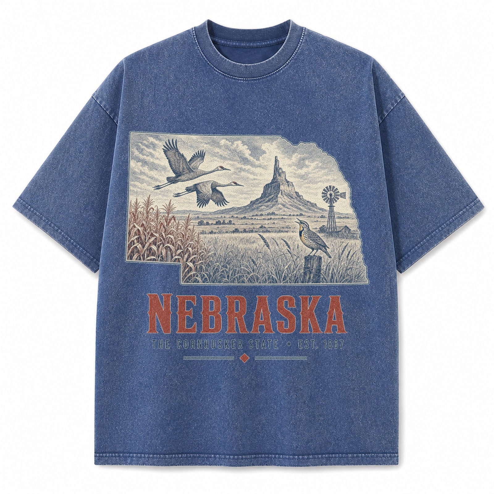 Vintage Washed Nebraska Sandhill Crane Graphic Tee in Blue, front view on a white background