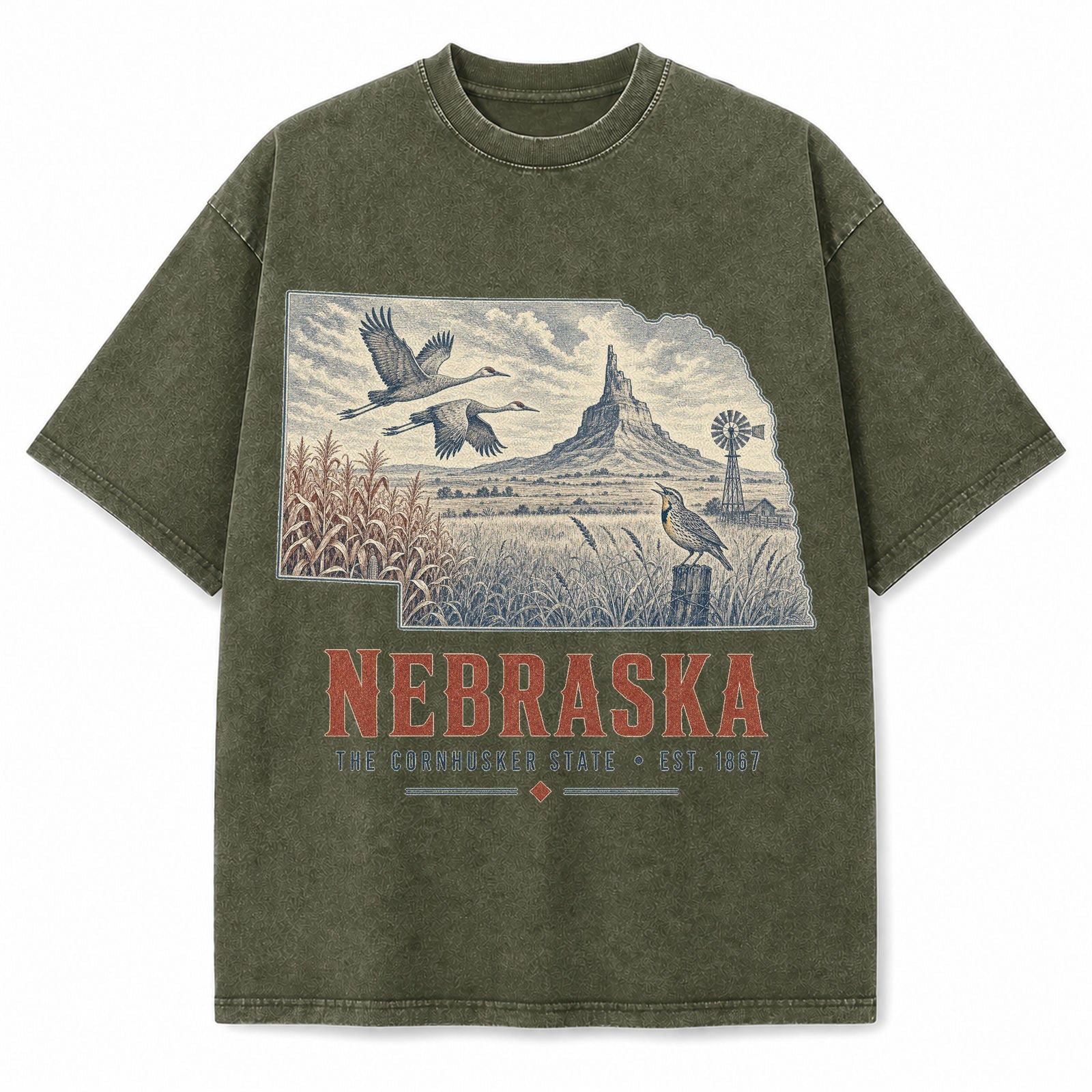 Vintage Washed Nebraska Sandhill Crane Graphic Tee in Military Green, front view on a white background