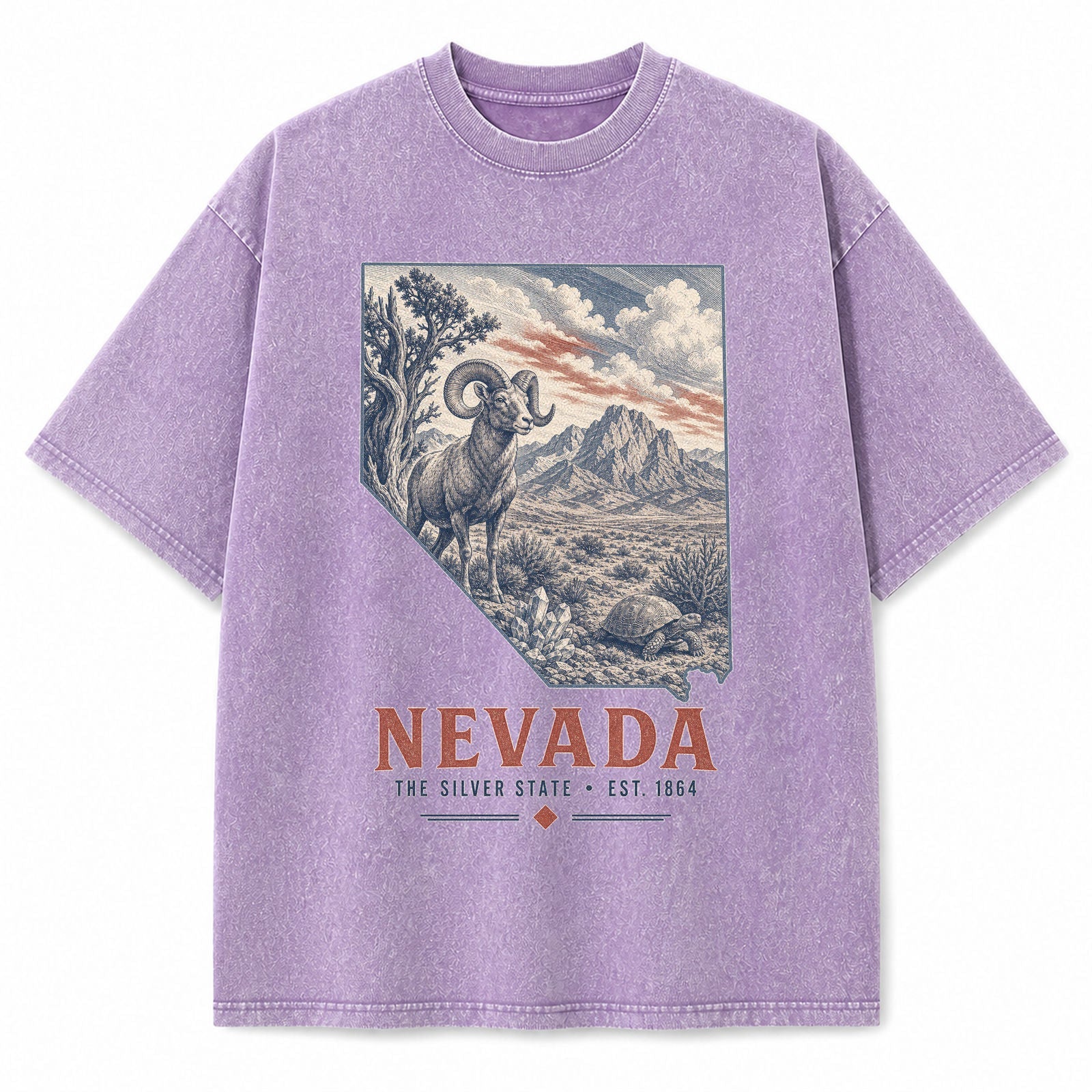 Vintage Washed Nevada Desert Bighorn Graphic Tee in Purple, front view on a white background