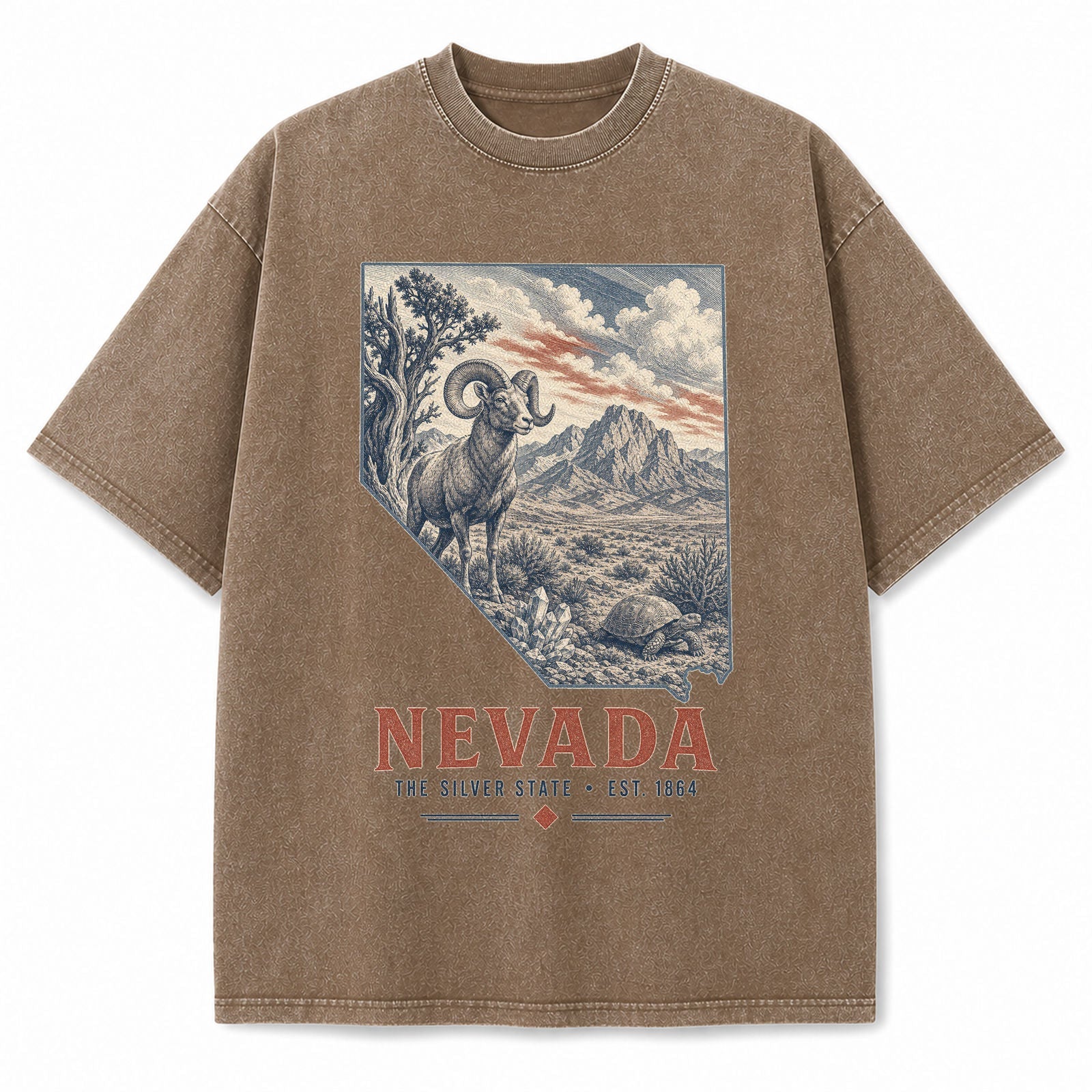 Vintage Washed Nevada Desert Bighorn Graphic Tee in Brown, front view on a white background