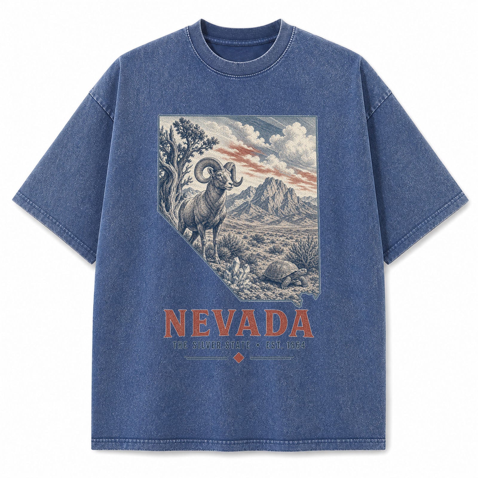 Vintage Washed Nevada Desert Bighorn Graphic Tee in Blue, front view on a white background