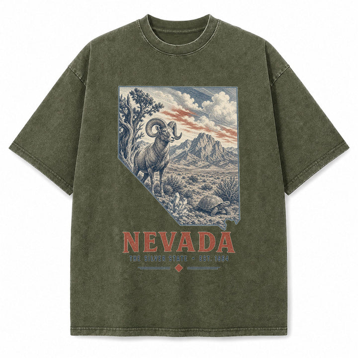 Vintage Washed Nevada Desert Bighorn Graphic Tee in Military Green, front view on a white background