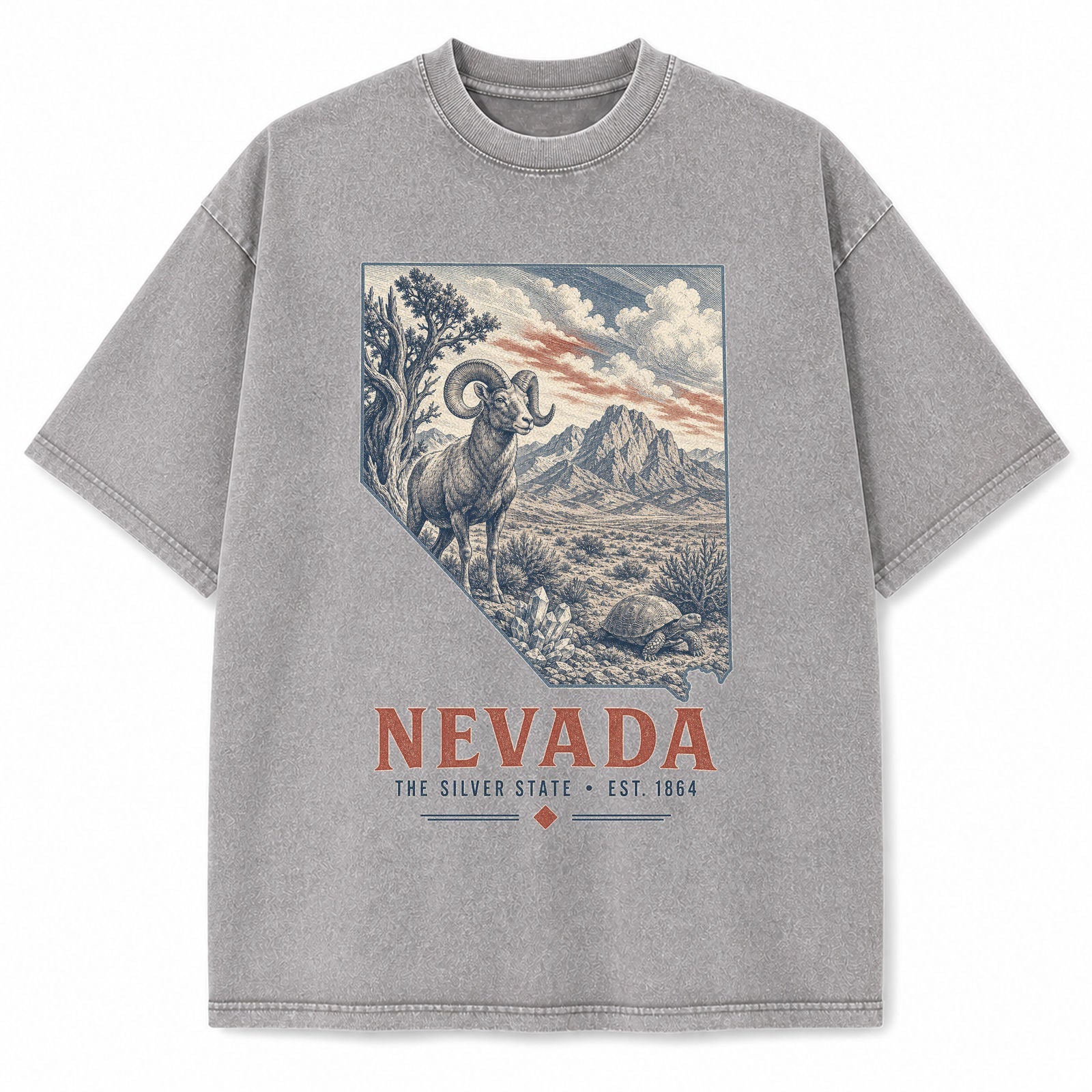 Vintage Washed Nevada Desert Bighorn Graphic Tee in Light Gray, front view on a white background