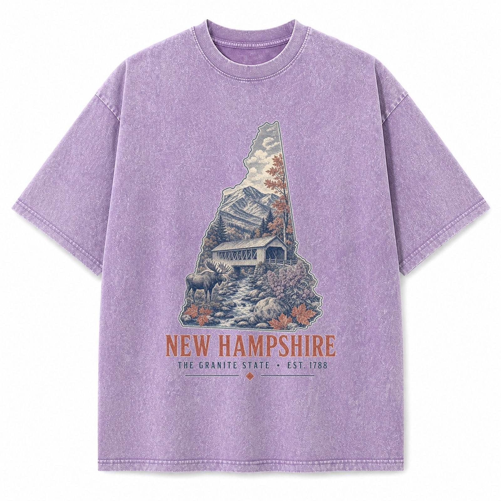 Vintage Washed New Hampshire Covered Bridge Graphic Tee in Purple, front view on a white background