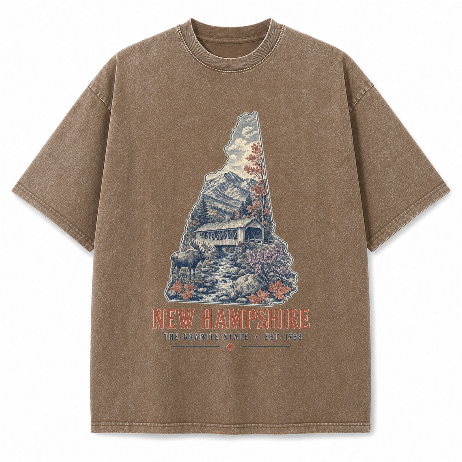 Vintage Washed New Hampshire Covered Bridge Graphic Tee in Brown, front view on a white background